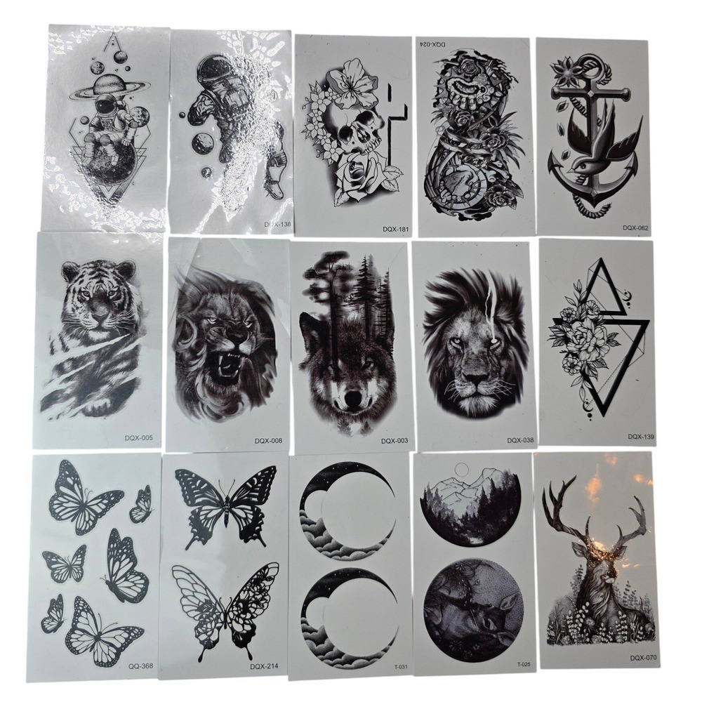 15 Pack Temporary Tattoos Black and White Animal Celestial Floral Designs Set F2